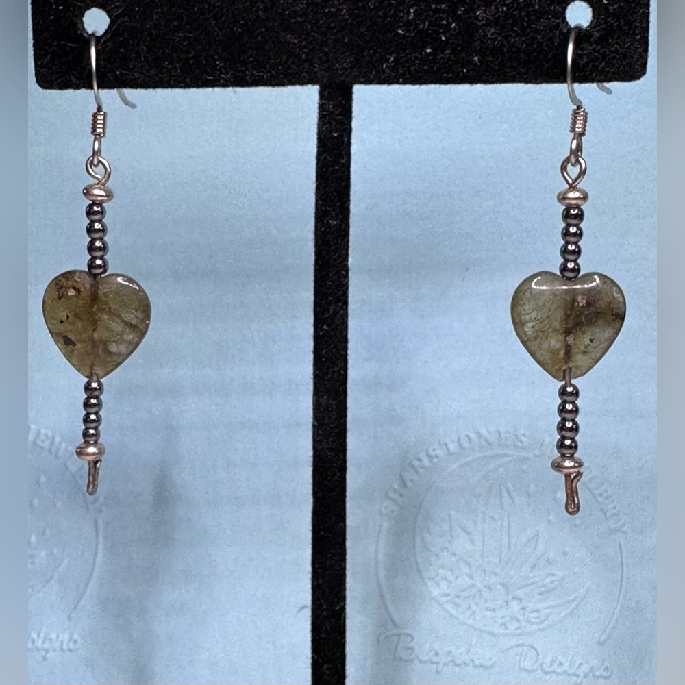 Sterling Hematite and Laborite Heart-Shaped Silver Earrings by Shanstones